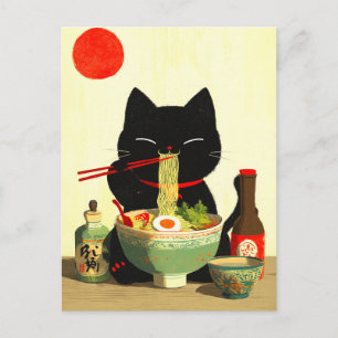 Cartão Postal Gato Preto Feliz Comendo Ramen Ukiyo-e Japonês