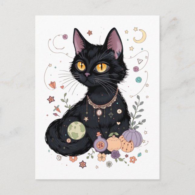 Cartão Postal Gato Preto Flofilizado E Bonito Com Presentes Mági (Frente)