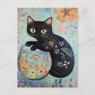 Cartão Postal Gato Preto Floral com Peixe Dourado 