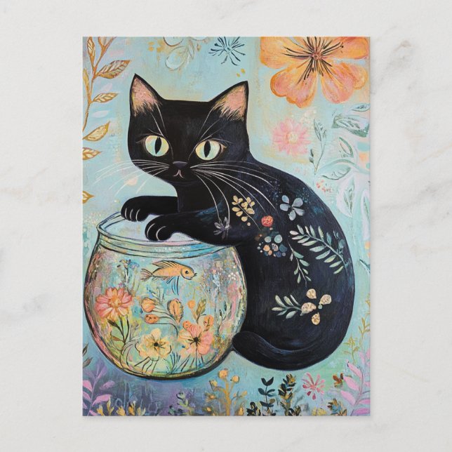 Cartão Postal Gato Preto Floral com Peixe Dourado  (Frente)