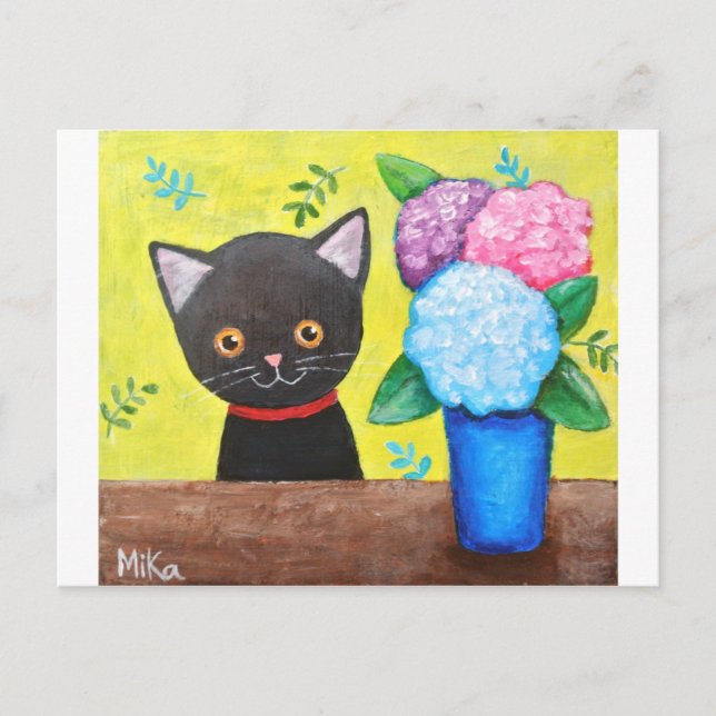 Cartão Postal Gato Preto Fofo Com Flores Arte Popular De Gato (Frente)