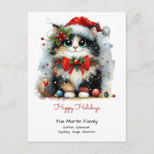 Cartão Postal Gato Preto Fofo com um Chapéu de Papai Noel Feliz