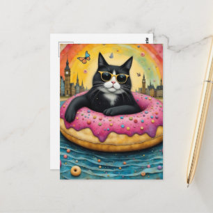 Cartão Postal Gato Preto Fofo de Férias em uma Rosquinha Flutuan