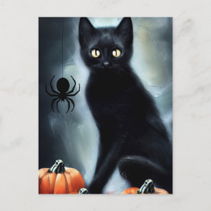 Cartão Postal Gato preto fofo de Halloween com abóboras e aranha