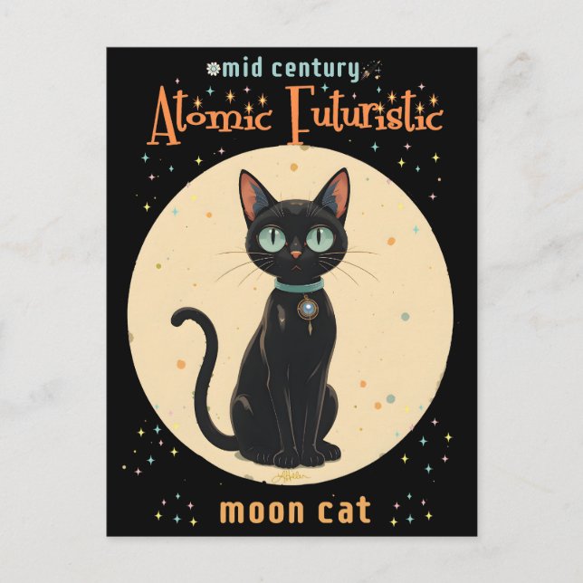 Cartão Postal Gato Preto Futurista Atômico da Lua com texto (Frente)