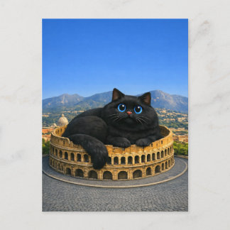 Cartão Postal Gato preto gordo e engraçado no Coliseu Romano