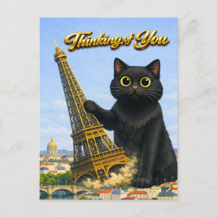 Cartão Postal Gato Preto Grande Derruba a Torre Eiffel Pensando
