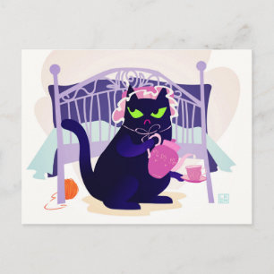 Cartão Postal Gato Preto Grumpy com boné para dormir