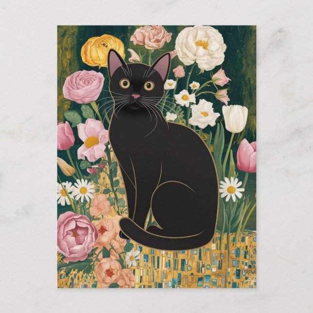 Cartão Postal Gato Preto Gustav Klimt num Jardim Flor, Arte Gato (Frente)