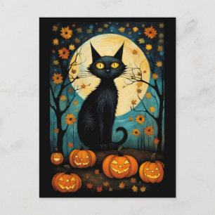 Cartão Postal Gato Preto Halloween E Pumpkin Com Lua Cheia