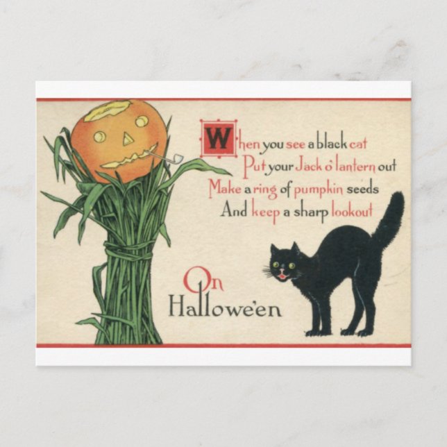 Cartão Postal Gato Preto Halloween Poema Vintage (Frente)