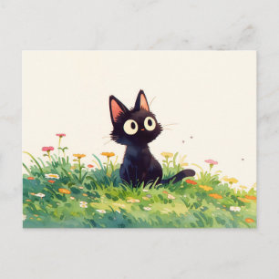 Cartão Postal Gato Preto Kawaii Aquarela Olhos Arregalados