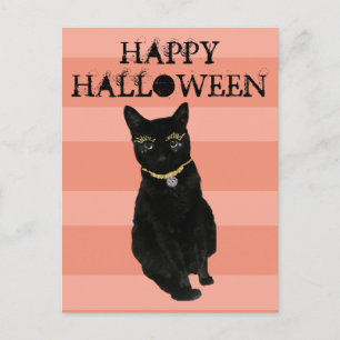 Cartão Postal Gato Preto Listrado de Laranja Feliz Halloween Eng