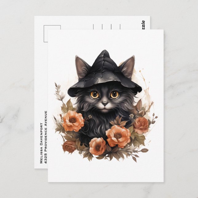Cartão Postal Gato Preto no Chapéu de uma Bruxa Preta Halloween (Frente/Verso)