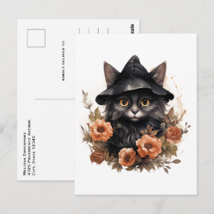 Cartão Postal Gato Preto no Chapéu de uma Bruxa Preta Halloween