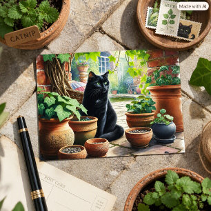 Cartão Postal Gato Preto Observando Catnip Crescer Fofo