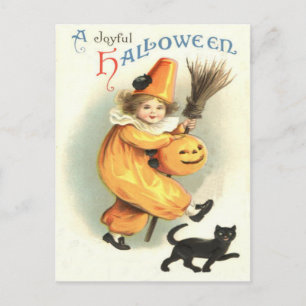 Cartão Postal Gato Preto Palhaço Abóbora Lanterna de Halloween