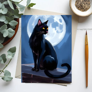 Cartão Postal Gato Preto   Pintura de Pet Lunar Cheia
