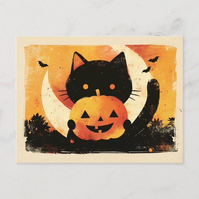 Cartão Postal Gato preto retrô com Jack O' Lanterna (Frente)