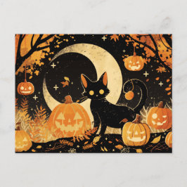 Cartão Postal Gato Preto Retro com Jack-o’-Lanterns