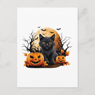 Cartão Postal Gato preto rodeado por abóboras