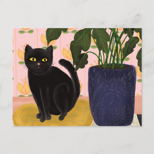 Cartão Postal Gato Preto Sentado Bonito a Rosa (Frente)