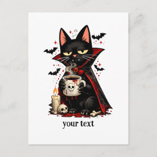 Cartão Postal Gato Preto Vampiro Divertido Café Crânio Halloween