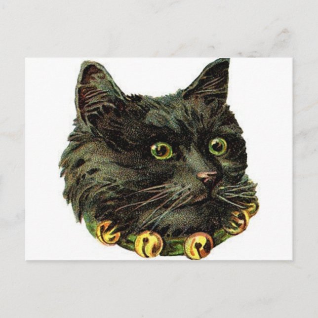 Cartão Postal Gato preto vitoriano com colar de sino (Frente)