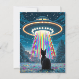 Cartão Postal Gato Psicodélico e OVNI Arte Engraçada De Abduçã