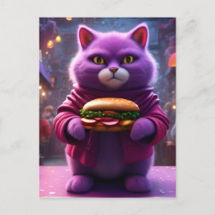 Cartão Postal Gato Puro Engraçado com Cheeseburger