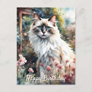 Cartão Postal Gato Ragdoll no Jardim Inglês de Aniversário