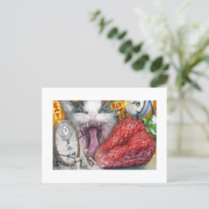 Cartão Postal Gato, Relógio e Morango