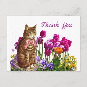 Cartão Postal Gato Retroativo no Jardim Tulip Obrigado Cartão-po