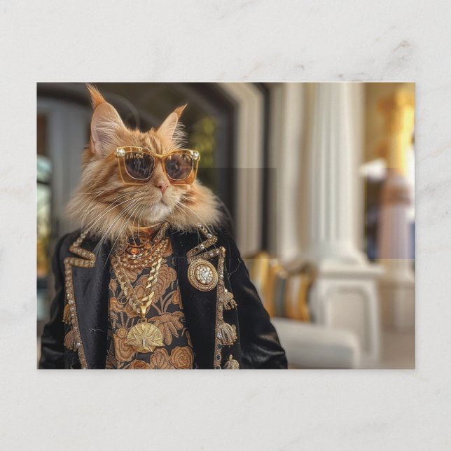 Cartão Postal Gato rico parado em frente a uma mansão (Frente)
