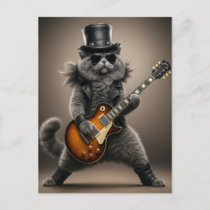 Cartão Postal Gato Rockstar Tocando Guitarra Elétrica em Couro