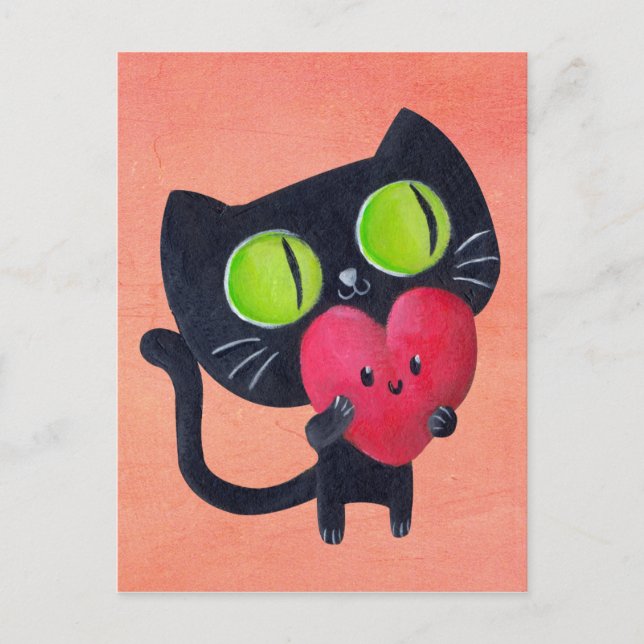 Cartão Postal Gato Romântico abraçando Coração Vermelho Cute (Frente)