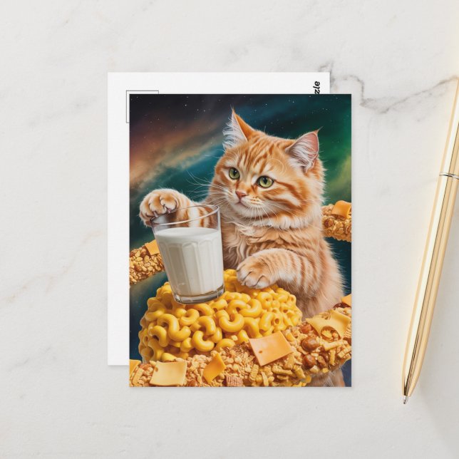 Cartão Postal Gato Ruivo Fofo Com Leite no Espaço (Frente/Verso In Situ)