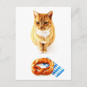 Cartão Postal Gato sentado em frente ao pretzel Oktoberfest