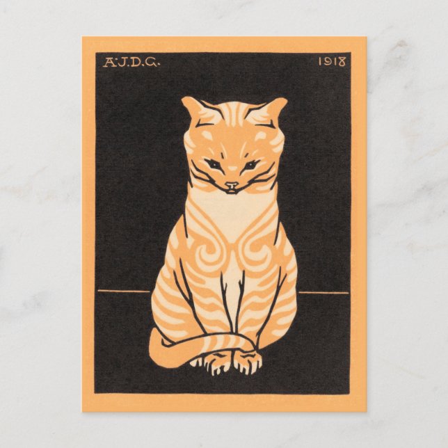 Cartão Postal Gato Sentado - Julie de Graag - arte de xilogravur (Frente)