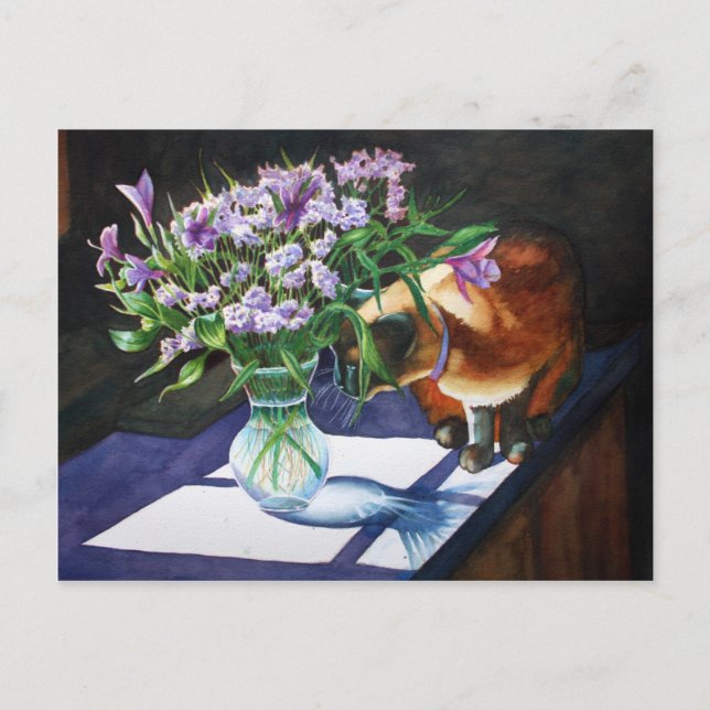 Cartão Postal Gato Siamês Atacando Vaso de Flores (Frente)