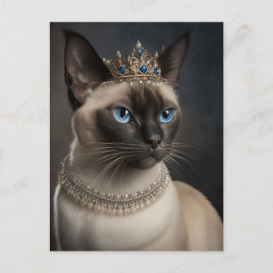 Cartão Postal gato Siamês Carnuço de pérolas coroa azul joia