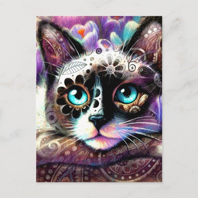 Cartão Postal Gato Siamês Croco Floral Roxo Turquesa Branco (Frente)