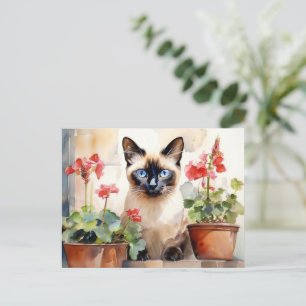Cartão Postal Gato Siamês de Aquarela Fofa com Flores de Gerânio