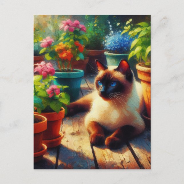 Cartão Postal Gato Siamês na Pintura do Óleo de Jardim (Frente)