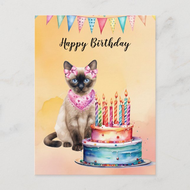 Cartão Postal Gato Siames no Spa com Bolo de Aniversário (Frente)