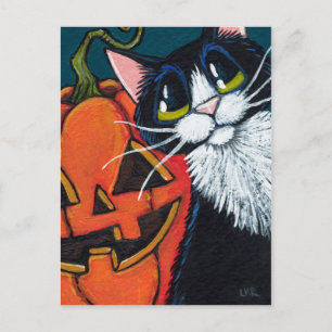 Cartão Postal Gato Smoking e Lanterna de Abóbora Sorridente