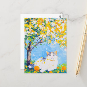 Cartão Postal Gato sob a árvore laranja