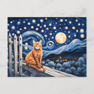 Cartão Postal Gato Sob Aquarela Noturna Estelar