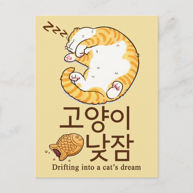 Cartão Postal Gato Sonolento & Bungeoppang Design Coreano (Frente)
