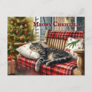 Cartão Postal Gato Sonolento e Árvore de Natal